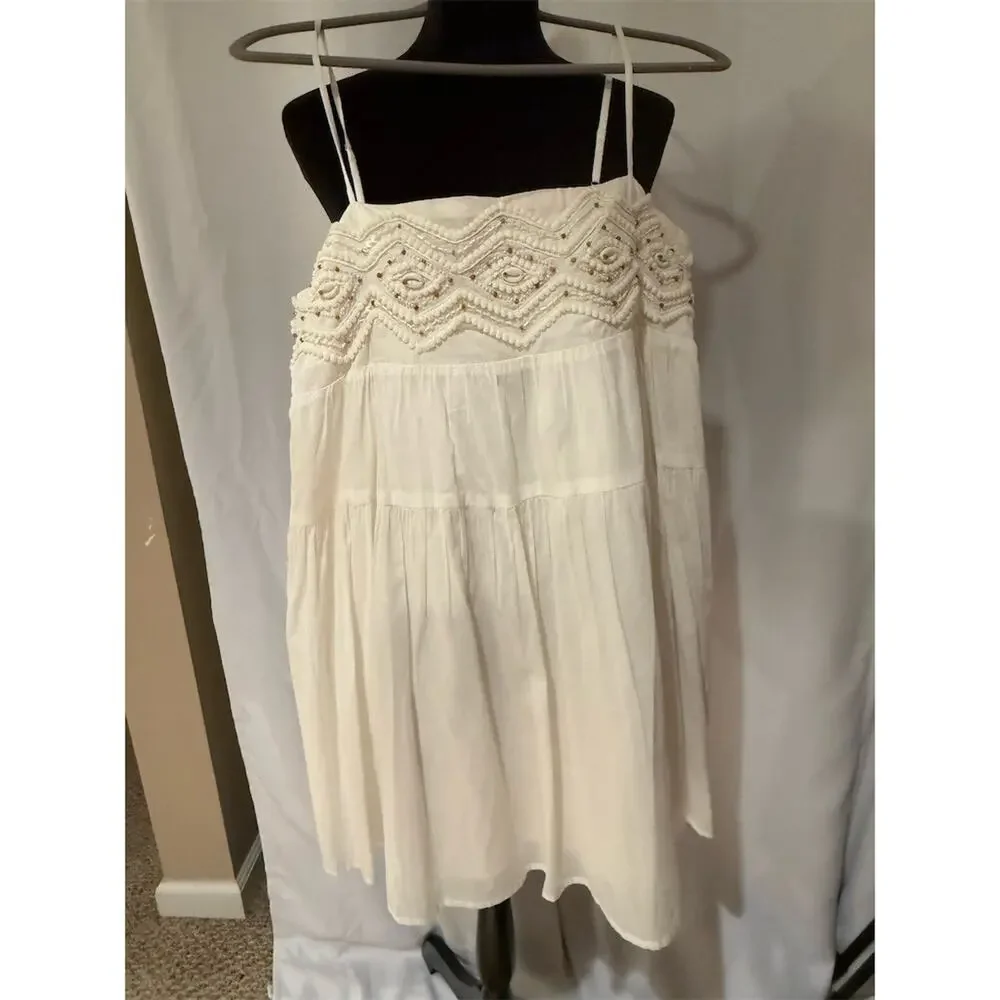 Zara Mini Sundress Womens Size L Ivory Beaded Smocked Tiered Boho Summer - Picture 1 of 6